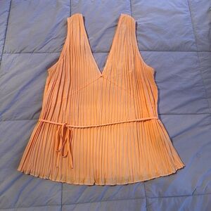 Vince Vibrant Orange Pleated V-Neck Blouse